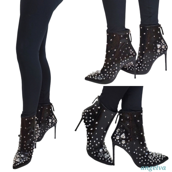 New Steve madden viceroy studded gems pointed toe stiletto heel boots black - Picture 3 of 16